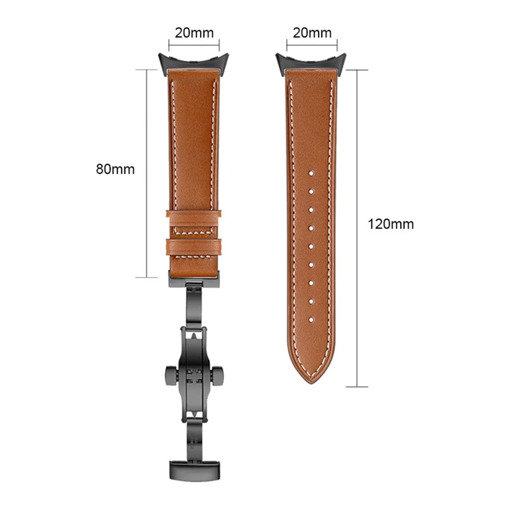 Butterfly Buckle Genuine Leather Strap for Google Pixel Watch 4 41mm / Watch 3 41mm / Watch 2 / Watch Replacement Watch Band - Black Buckle / Brown - 5