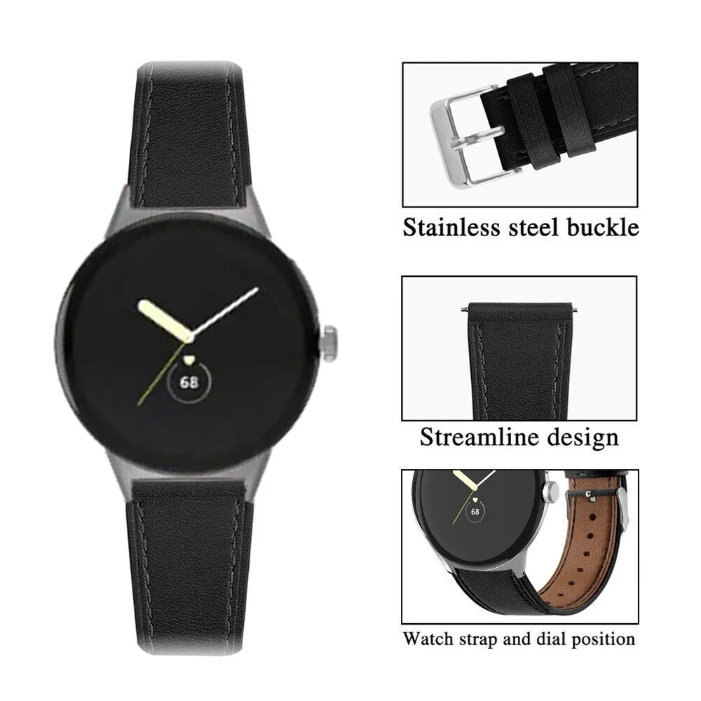 Quick Release Watch Band for Google Pixel Watch 4 41mm / Watch 3 41mm / Watch 2 / Watch Genuine Leather Watch Strap Replacement Part - Black - 3