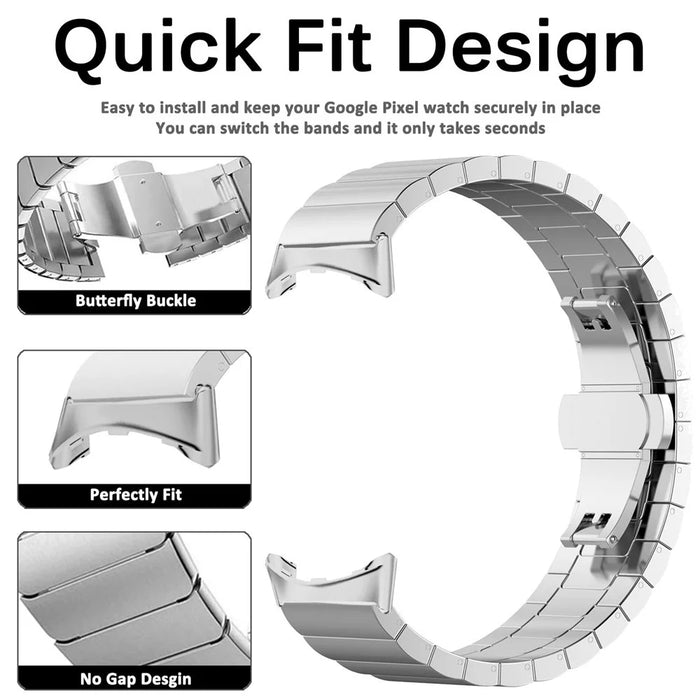 For Google Pixel Watch 4 41mm / Watch 3 41mm / Watch 2 / Watch Quick Release Metal Band Butterfly Buckle Clasp Bracelet Watch Strap - Silver - 4