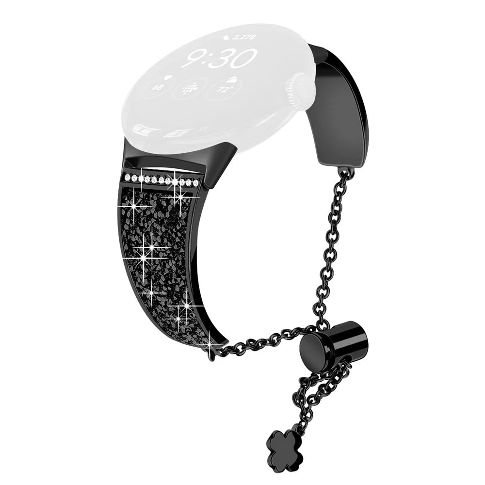 For Google Pixel Watch 4 41mm / Watch 3 41mm / Watch 2 / Watch Rhinestone Decor Bling Metal Chain Band Replacement Bracelet Watch Strap - Black - 1