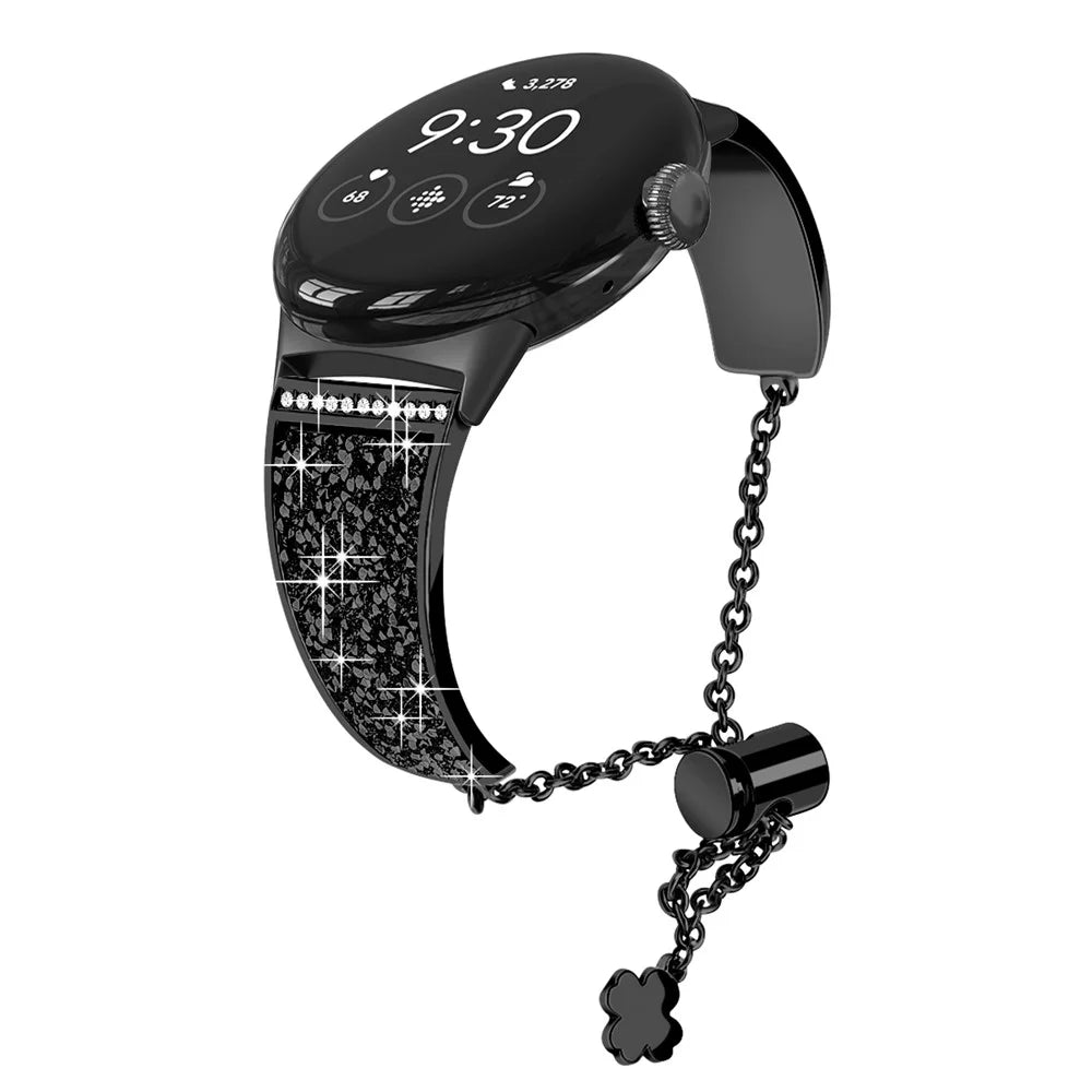For Google Pixel Watch 4 41mm / Watch 3 41mm / Watch 2 / Watch Rhinestone Decor Bling Metal Chain Band Replacement Bracelet Watch Strap - Black - 2