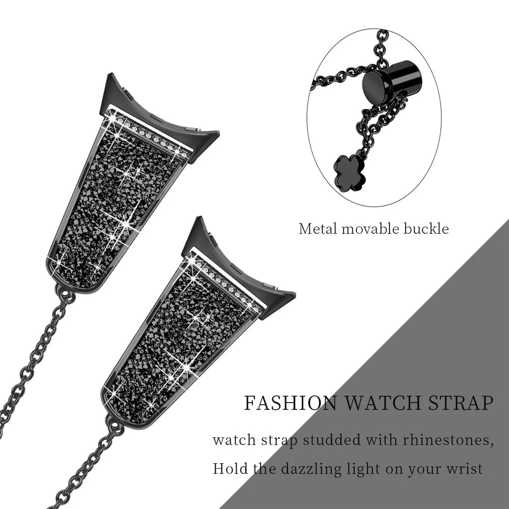 For Google Pixel Watch 4 41mm / Watch 3 41mm / Watch 2 / Watch Rhinestone Decor Bling Metal Chain Band Replacement Bracelet Watch Strap - Black - 3