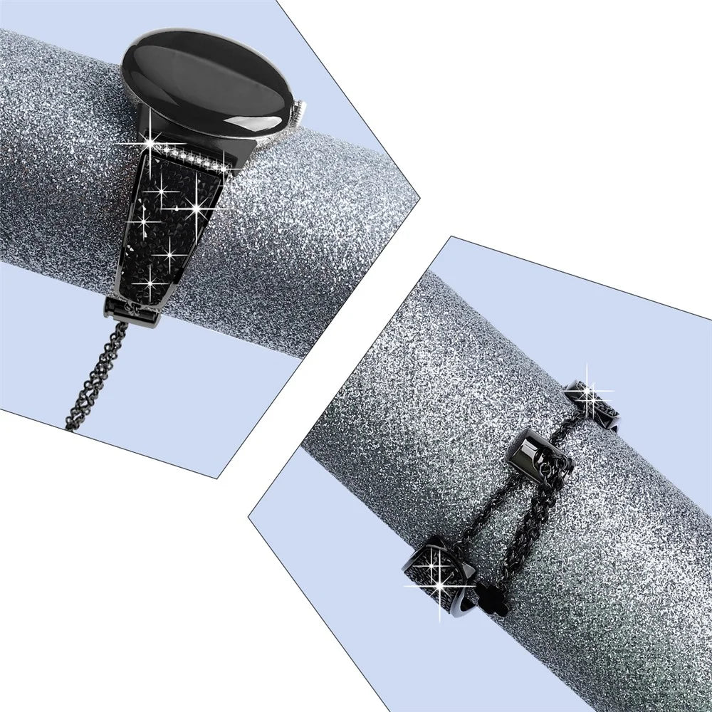 For Google Pixel Watch 4 41mm / Watch 3 41mm / Watch 2 / Watch Rhinestone Decor Bling Metal Chain Band Replacement Bracelet Watch Strap - Black - 4