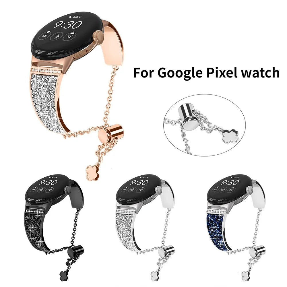 For Google Pixel Watch 4 41mm / Watch 3 41mm / Watch 2 / Watch Rhinestone Decor Bling Metal Chain Band Replacement Bracelet Watch Strap - Black - 7