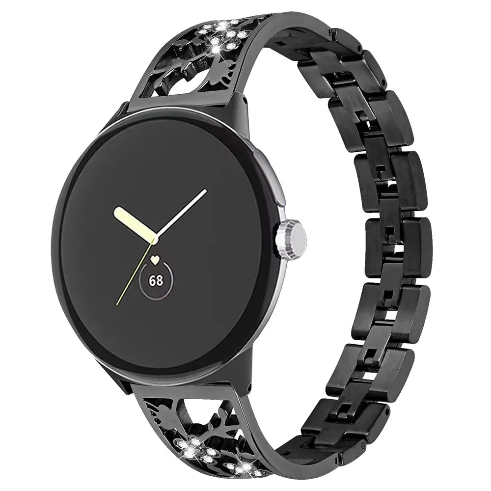 For Google Pixel Watch 4 41mm / Watch 3 41mm / Watch 2 / Watch 304 Stainless Steel Bracelet Rhinestone Decor Plum Wrist Strap Detachable Watch Band - Black - 2