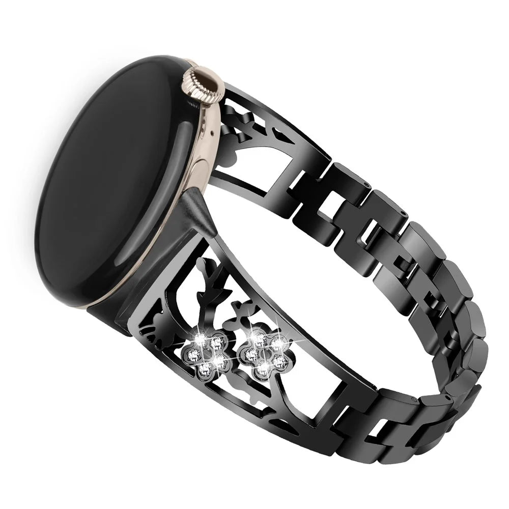 For Google Pixel Watch 4 41mm / Watch 3 41mm / Watch 2 / Watch 304 Stainless Steel Bracelet Rhinestone Decor Plum Wrist Strap Detachable Watch Band - Black - 3