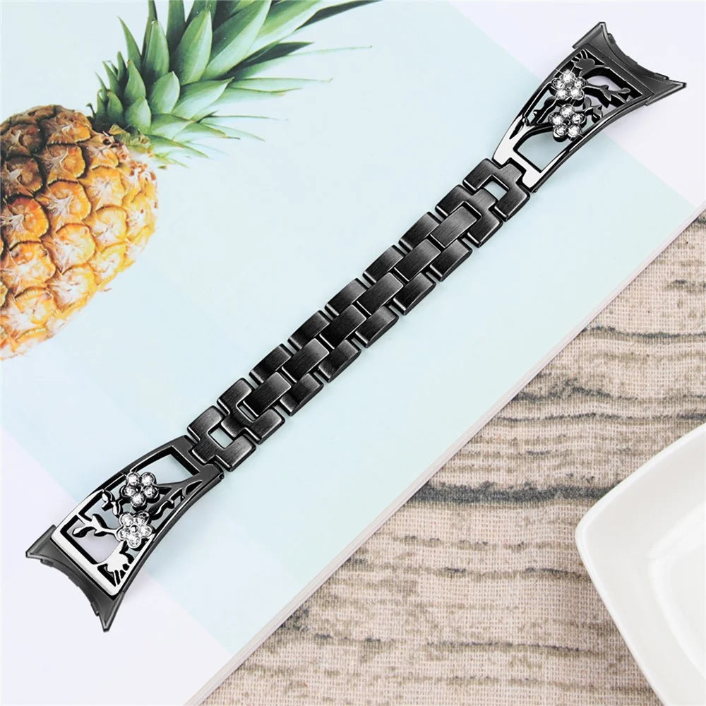 For Google Pixel Watch 4 41mm / Watch 3 41mm / Watch 2 / Watch 304 Stainless Steel Bracelet Rhinestone Decor Plum Wrist Strap Detachable Watch Band - Black - 4
