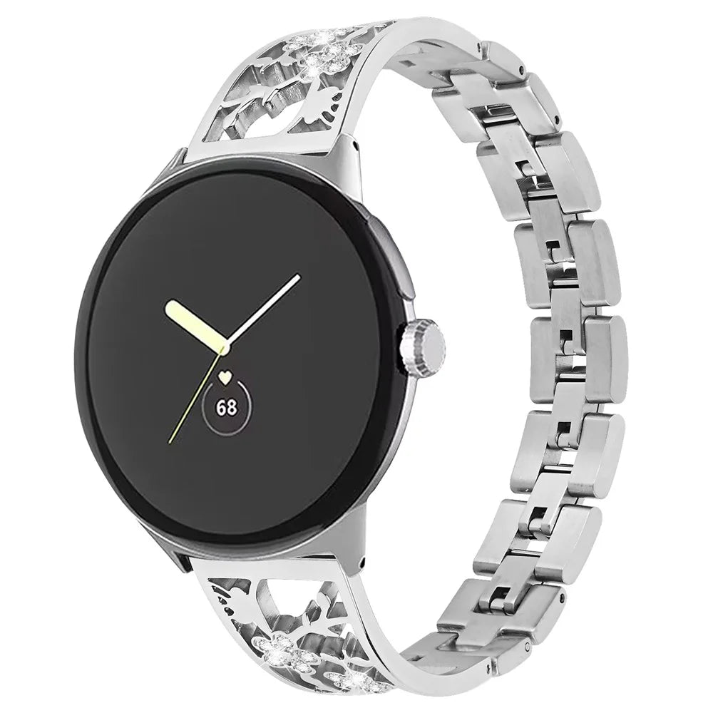 For Google Pixel Watch 4 41mm / Watch 3 41mm / Watch 2 / Watch Rhinestone Decor Plum Design Wrist Strap 304 Stainless Steel Detachable Watch Band Bracelet - Silver - 2