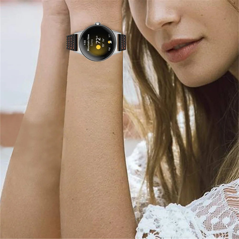 Wave Shape Stitching Watch Strap for Google Pixel Watch 4 41mm / Watch 3 41mm / Watch 2 / Watch Genuine Leather Watch Band - Black - 4