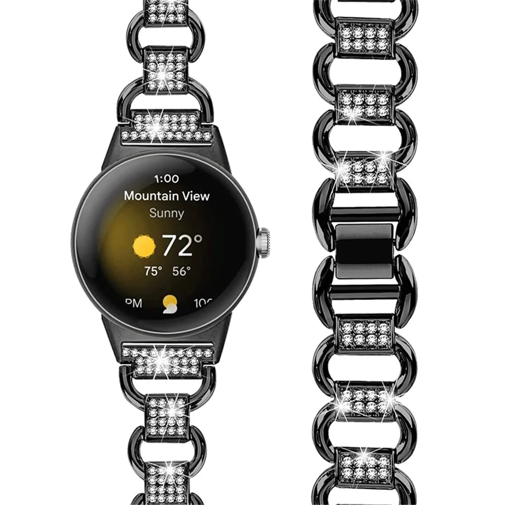 For Google Pixel Watch 4 41mm / Watch 3 41mm / Watch 2 / Watch Metal Bracelet Strap Rhinestone Decor Smartwatch Wrist Strap Replacement - Black - 3