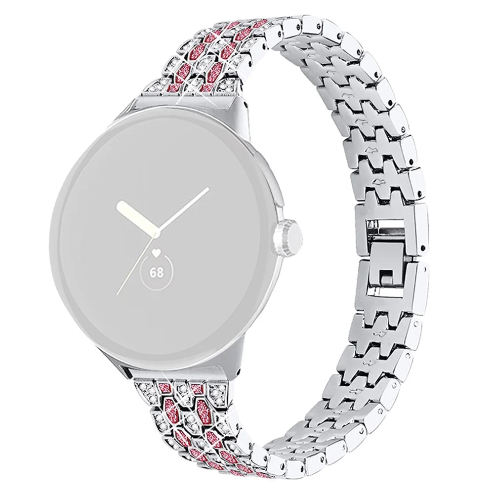 For Google Pixel Watch 4 41mm / Watch 3 41mm / Watch 2 / Watch Metal Rhinestone Decor Replacement Watch Strap Wrist Band - Silver / Rose - 1