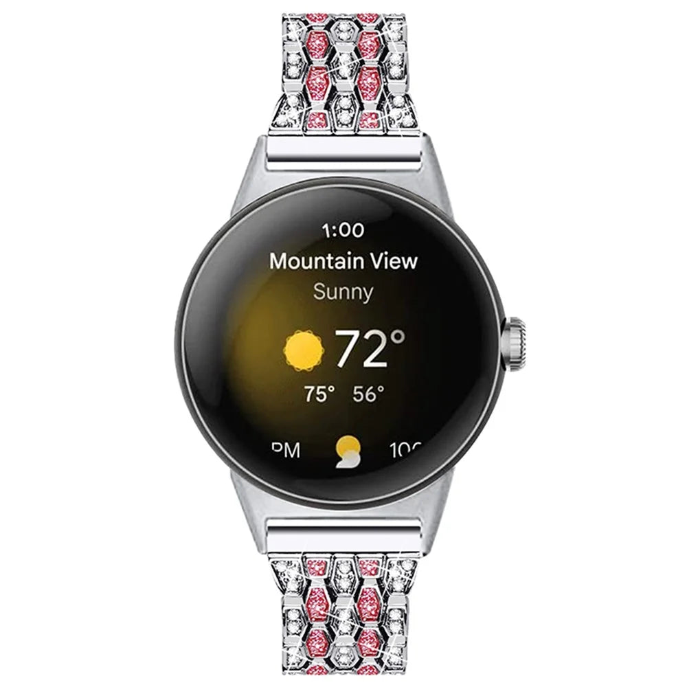 For Google Pixel Watch 4 41mm / Watch 3 41mm / Watch 2 / Watch Metal Rhinestone Decor Replacement Watch Strap Wrist Band - Silver / Rose - 2