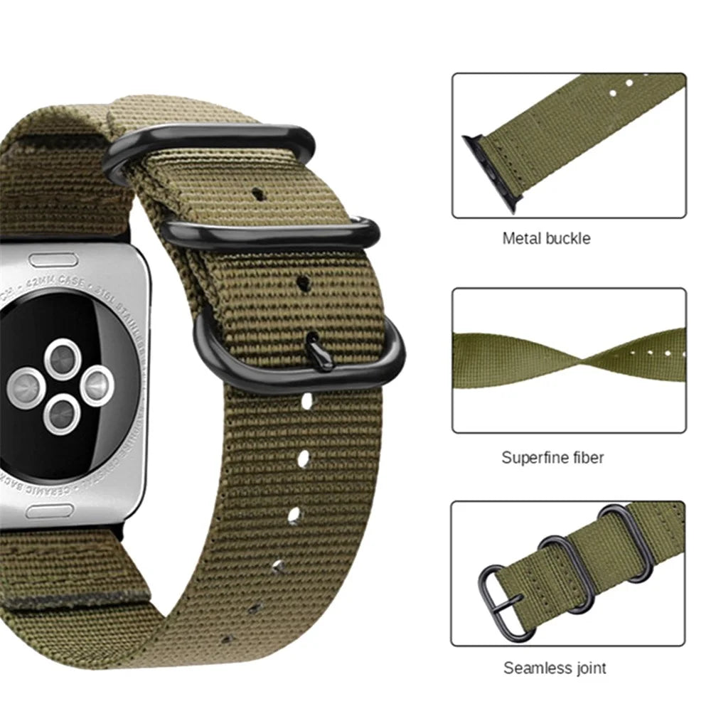 Nylon Watch Band for Apple Watch Ultra 3 2 1 49mm / Series 11 10 46mm / 9 8 7 45mm / SE3 SE2 SE 6 5 4 44mm / 3 2 1 42mm Three Loops Sport Breathable Strap - Green - 3