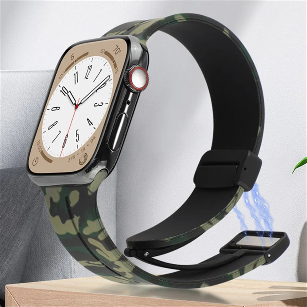 Watch Strap for Apple Watch Series 11 10 42mm / 9 8 7 41mm / SE3 SE2 SE 6 5 4 40mm / 3 2 1 38mm Magnetic Watch Band Camo Silicone Watch Strap - Army Green - 5