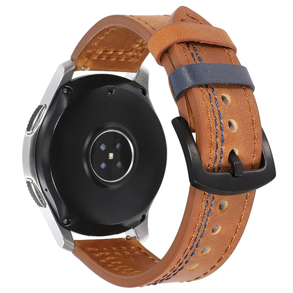 For Samsung Galaxy Watch3 45mm / Huami Amazfit Pace / Stratos Watch Leather Strap 22mm Watch Band - Brown / Blue Stitch - 1