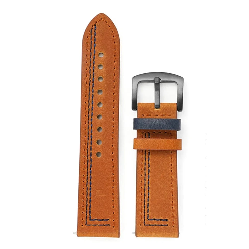 For Samsung Galaxy Watch3 45mm / Huami Amazfit Pace / Stratos Watch Leather Strap 22mm Watch Band - Brown / Blue Stitch - 2