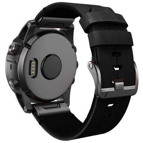 For Garmin Fenix 7X Genuine Leather Watch Band Replacement Wrist Strap - Black - 1