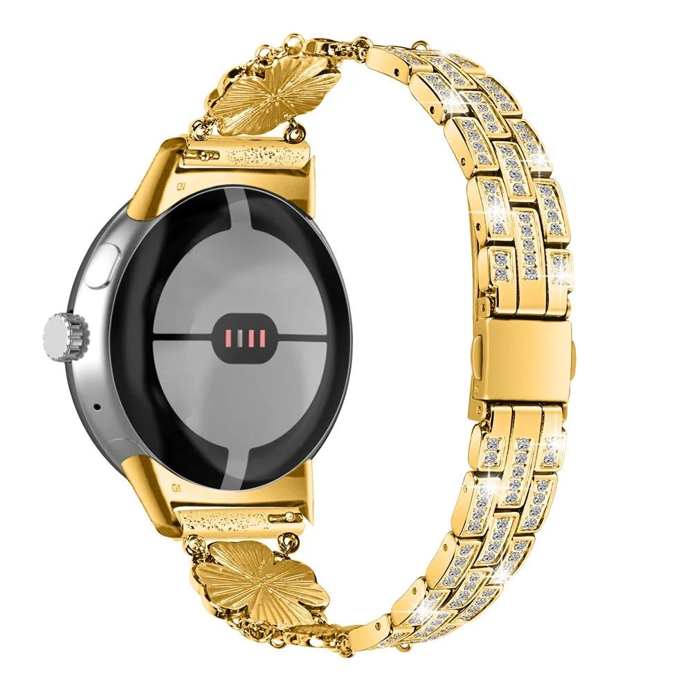 For Google Pixel Watch 4 41mm / Watch 3 41mm / Watch 2 / Watch Rhinestone Decor Replacement Steel Watch Strap Wrist Band - Gold - 1