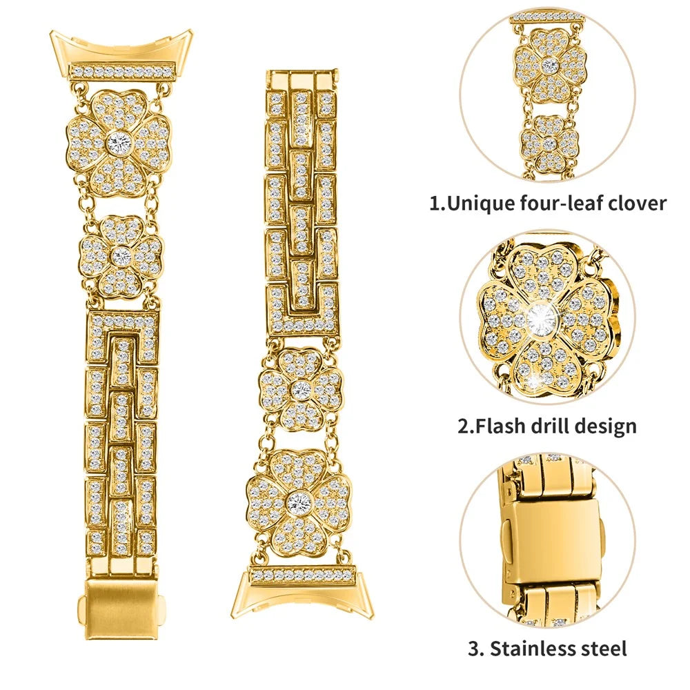 For Google Pixel Watch 4 41mm / Watch 3 41mm / Watch 2 / Watch Rhinestone Decor Replacement Steel Watch Strap Wrist Band - Gold - 3