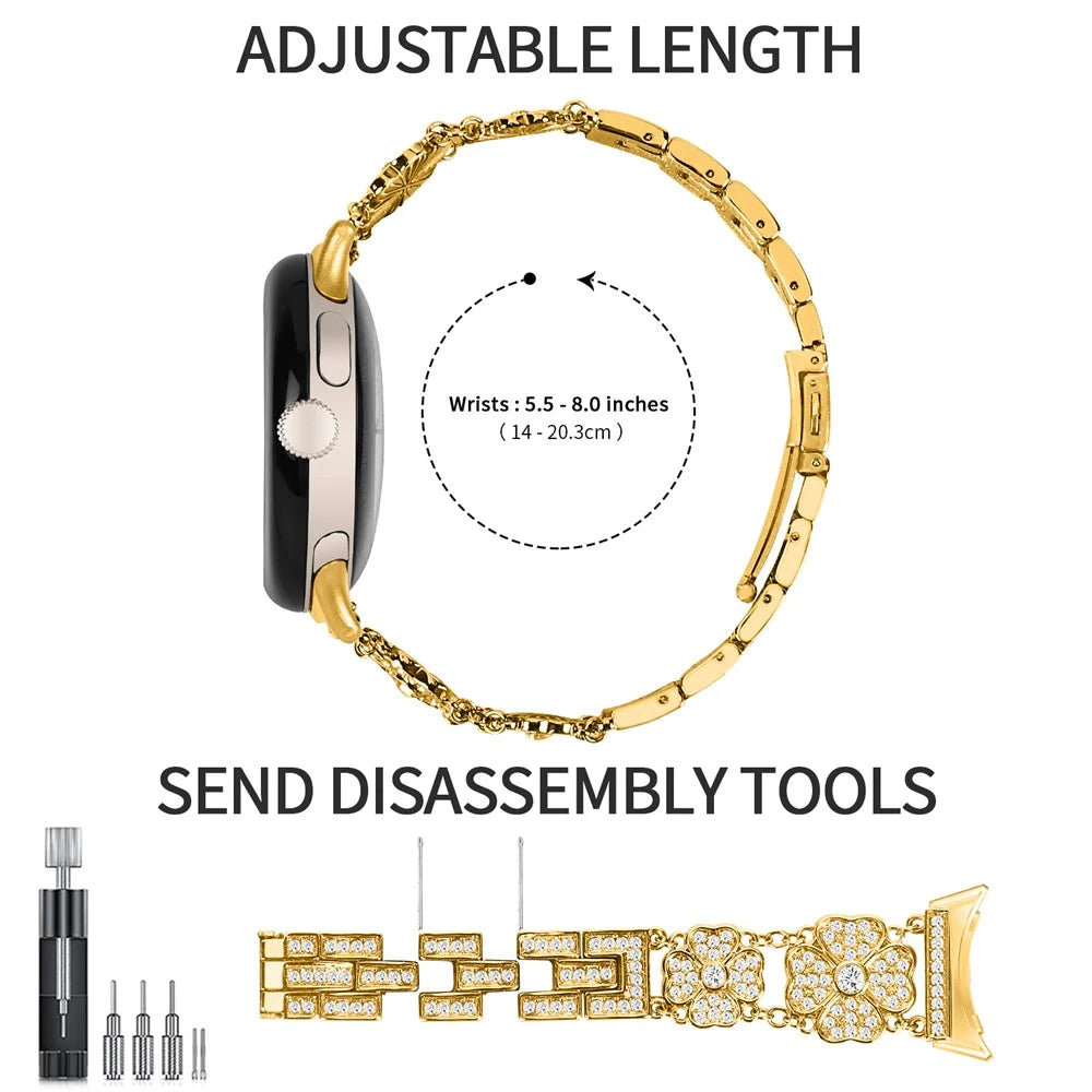 For Google Pixel Watch 4 41mm / Watch 3 41mm / Watch 2 / Watch Rhinestone Decor Replacement Steel Watch Strap Wrist Band - Gold - 4