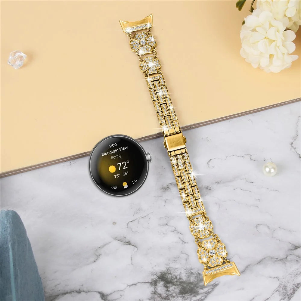 For Google Pixel Watch 4 41mm / Watch 3 41mm / Watch 2 / Watch Rhinestone Decor Replacement Steel Watch Strap Wrist Band - Gold - 7