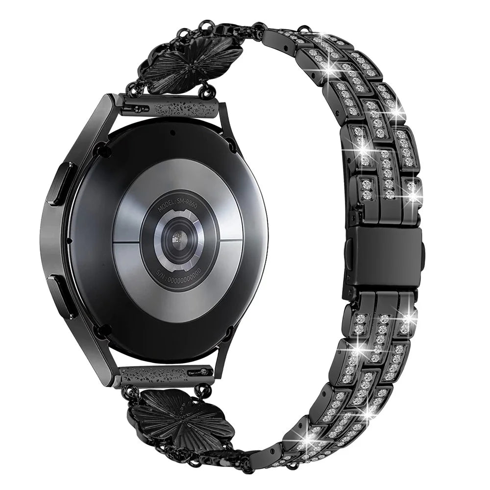 For Samsung Galaxy Watch6 40mm 44mm / Watch6 Classic 43mm 47mm / Watch 5 40mm 44mm / 5 Pro 45mm / Watch4 40mm 44mm Metal Watch Band 20mm Rhinestone Clover Wrist Strap - Black - 1