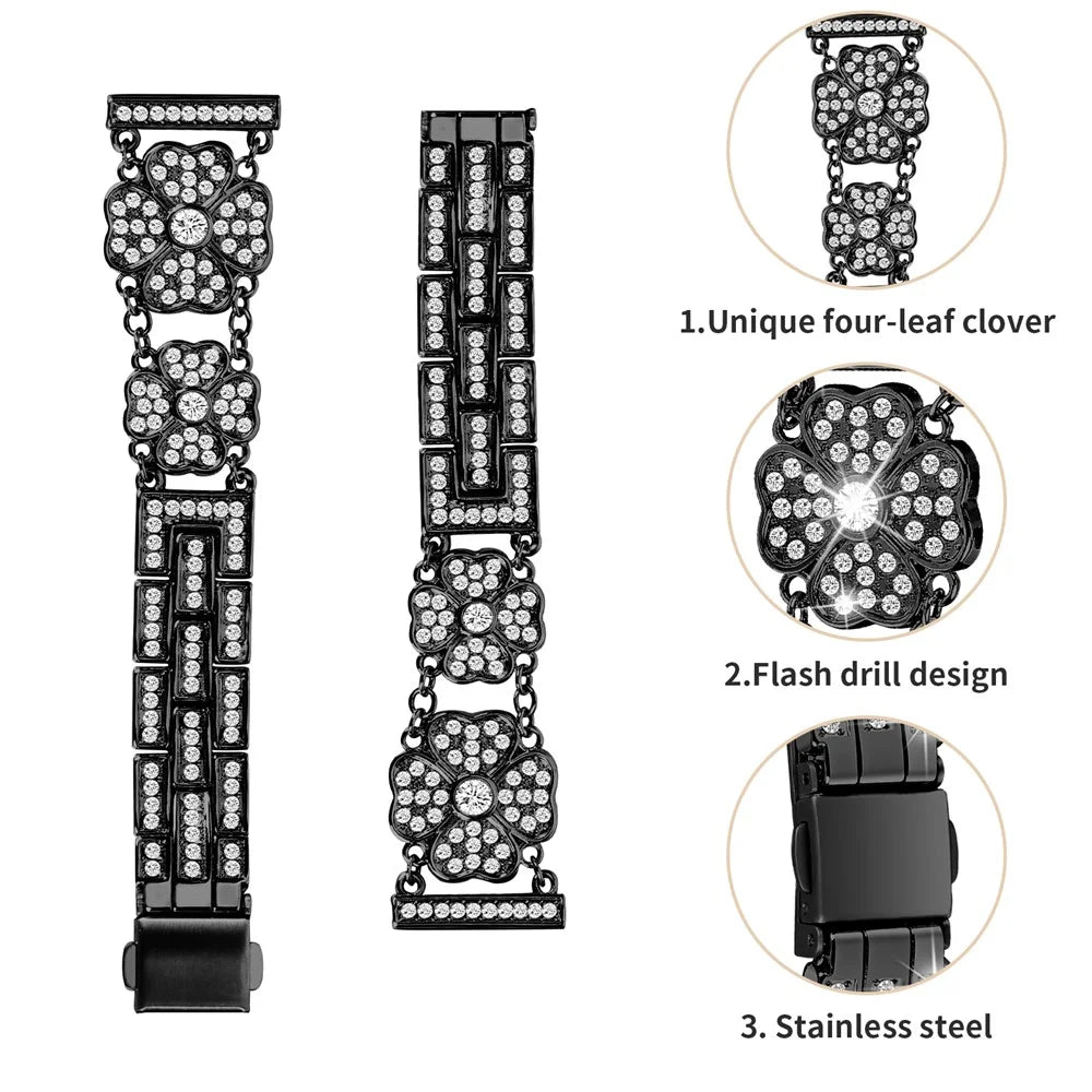 For Samsung Galaxy Watch6 40mm 44mm / Watch6 Classic 43mm 47mm / Watch 5 40mm 44mm / 5 Pro 45mm / Watch4 40mm 44mm Metal Watch Band 20mm Rhinestone Clover Wrist Strap - Black - 2