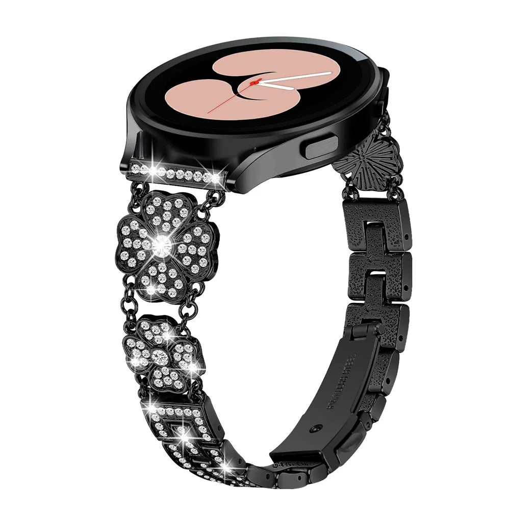 For Samsung Galaxy Watch6 40mm 44mm / Watch6 Classic 43mm 47mm / Watch 5 40mm 44mm / 5 Pro 45mm / Watch4 40mm 44mm Metal Watch Band 20mm Rhinestone Clover Wrist Strap - Black - 4