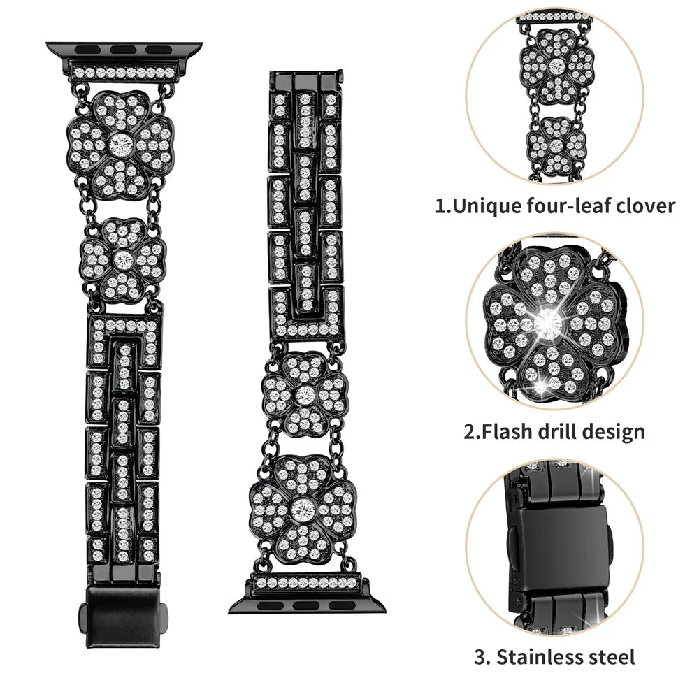 Watch Strap for Apple Watch Series 11 10 42mm / 9 8 7 41mm / SE3 SE2 SE 6 5 4 40mm / 3 2 1 38mm Rhinestone Clover Decor Metal Watch Band - Black - 2