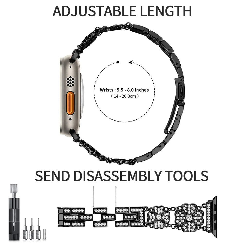 Watch Strap for Apple Watch Series 11 10 42mm / 9 8 7 41mm / SE3 SE2 SE 6 5 4 40mm / 3 2 1 38mm Rhinestone Clover Decor Metal Watch Band - Black - 3