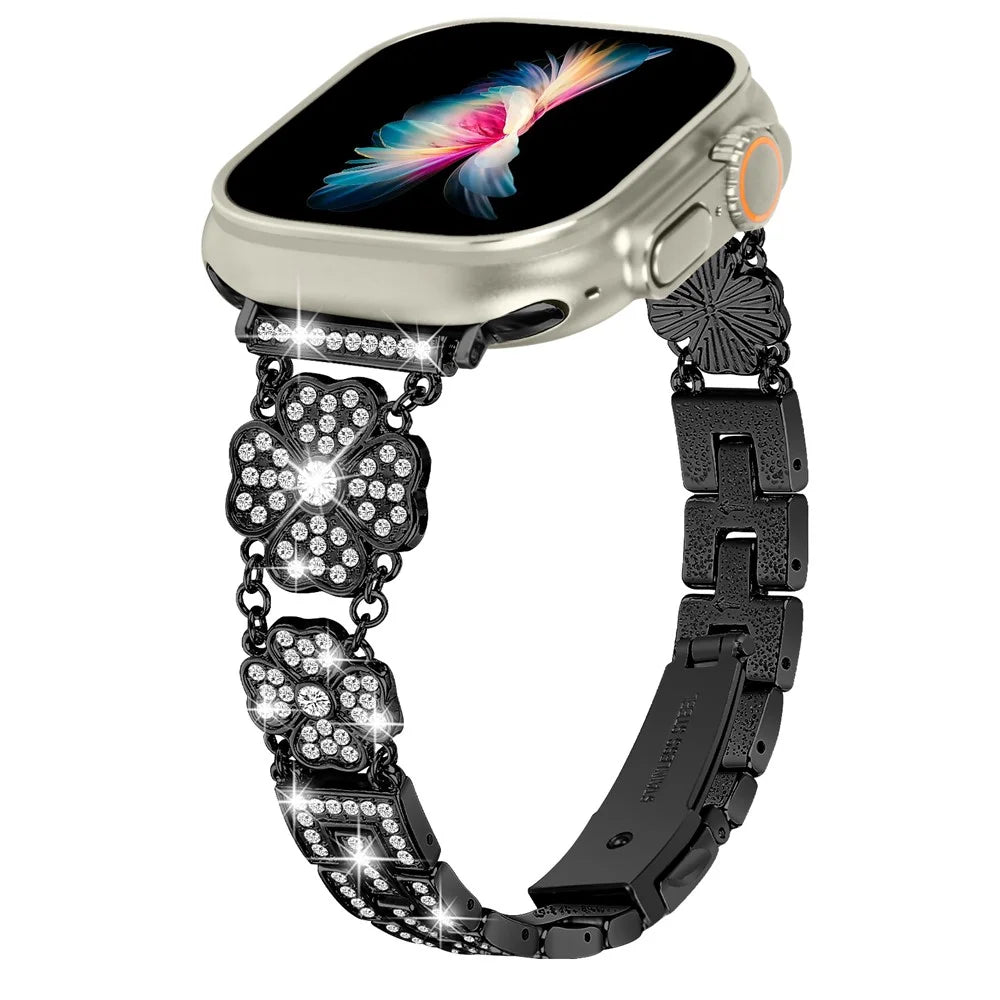Watch Strap for Apple Watch Series 11 10 42mm / 9 8 7 41mm / SE3 SE2 SE 6 5 4 40mm / 3 2 1 38mm Rhinestone Clover Decor Metal Watch Band - Black - 4
