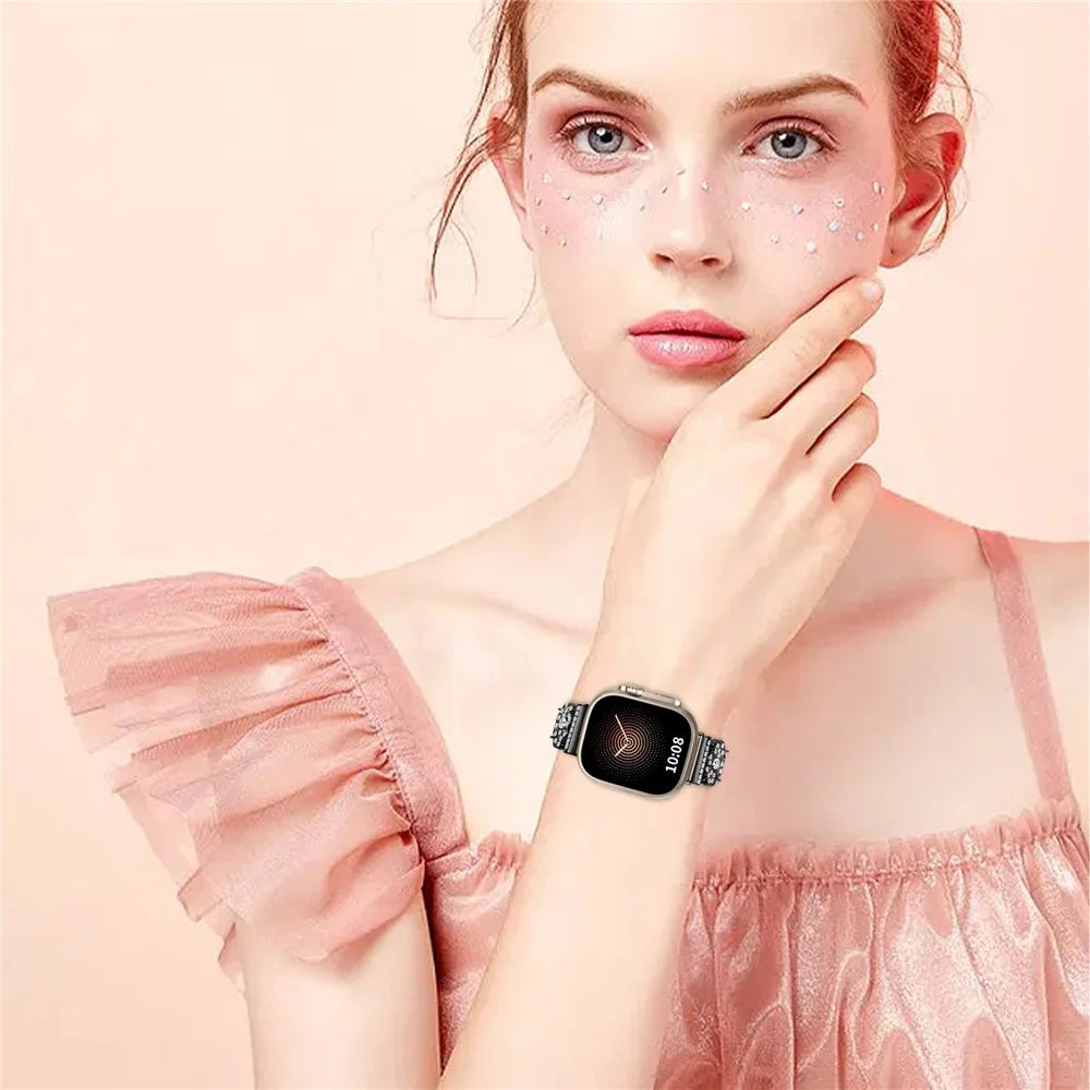 Watch Strap for Apple Watch Series 11 10 42mm / 9 8 7 41mm / SE3 SE2 SE 6 5 4 40mm / 3 2 1 38mm Rhinestone Clover Decor Metal Watch Band - Black - 6