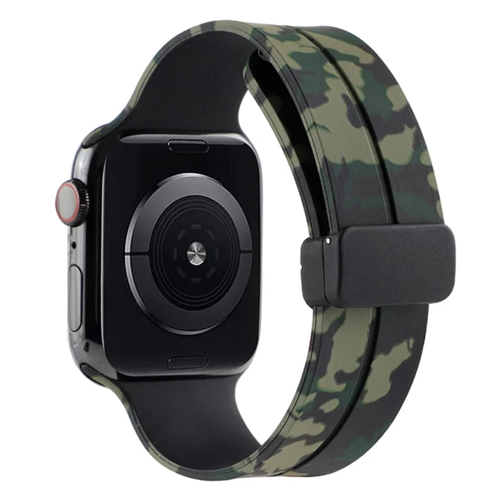 For Apple Watch Ultra 3 2 1 49mm / Series 11 10 46mm / 9 8 7 45mm / SE3 SE2 SE 6 5 4 44mm / 3 2 1 42mm Camouflage Silicone Magnetic Buckle Strap - Army Green - 1