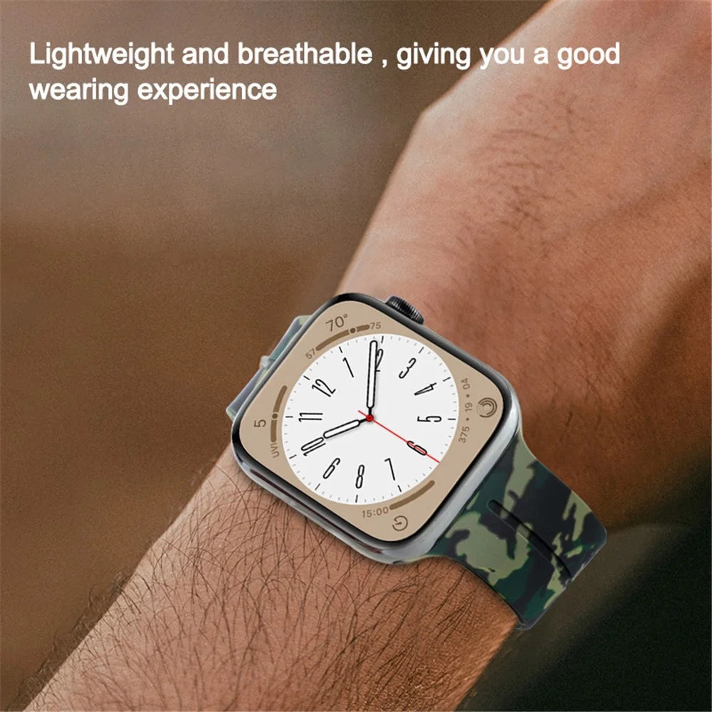 For Apple Watch Ultra 3 2 1 49mm / Series 11 10 46mm / 9 8 7 45mm / SE3 SE2 SE 6 5 4 44mm / 3 2 1 42mm Camouflage Silicone Magnetic Buckle Strap - Army Green - 2