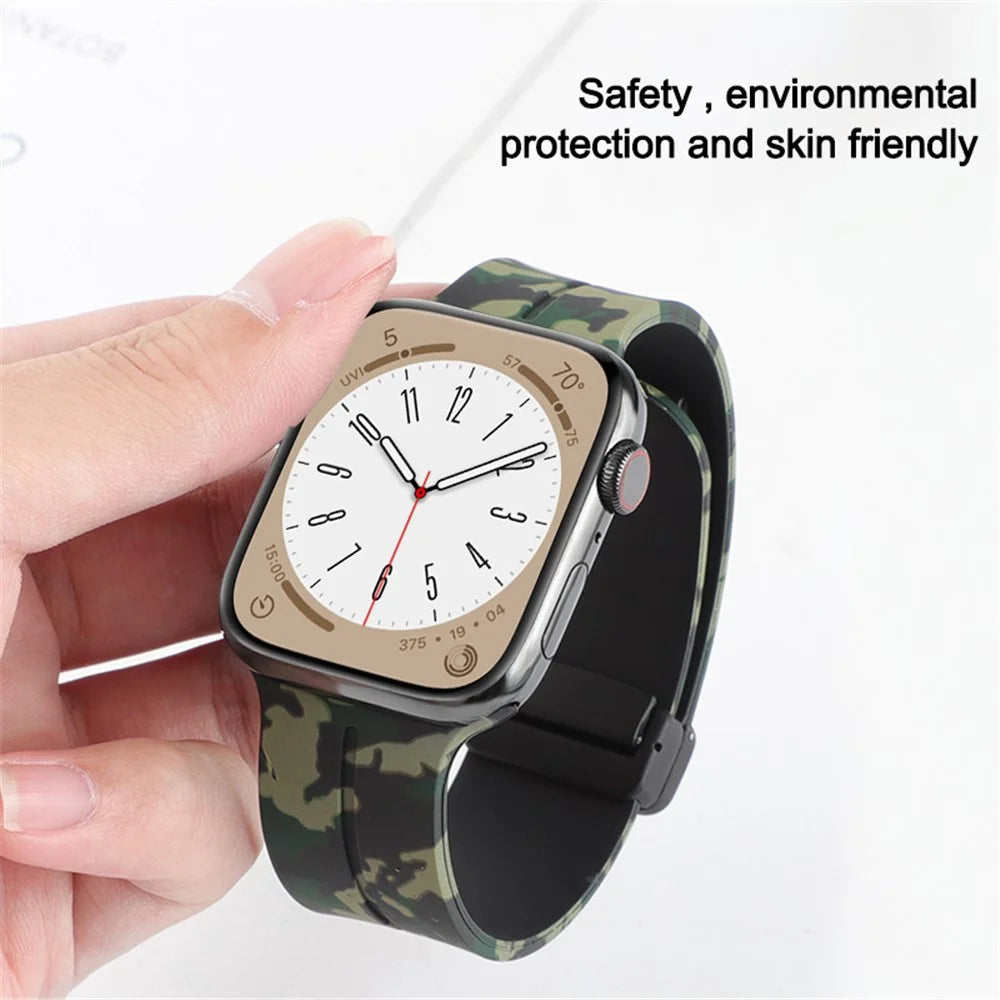 For Apple Watch Ultra 3 2 1 49mm / Series 11 10 46mm / 9 8 7 45mm / SE3 SE2 SE 6 5 4 44mm / 3 2 1 42mm Camouflage Silicone Magnetic Buckle Strap - Army Green - 3