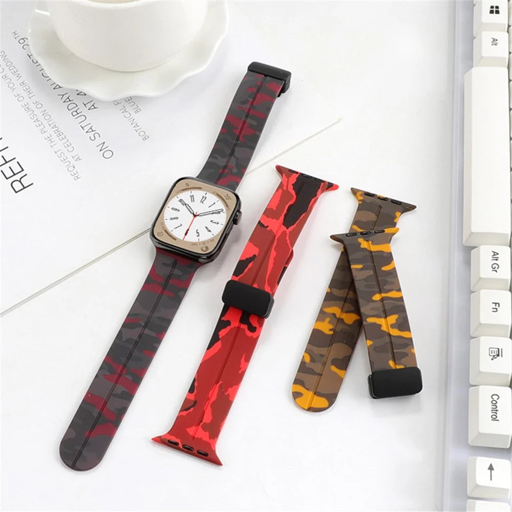 For Apple Watch Ultra 3 2 1 49mm / Series 11 10 46mm / 9 8 7 45mm / SE3 SE2 SE 6 5 4 44mm / 3 2 1 42mm Camouflage Silicone Magnetic Buckle Strap - Army Green - 5