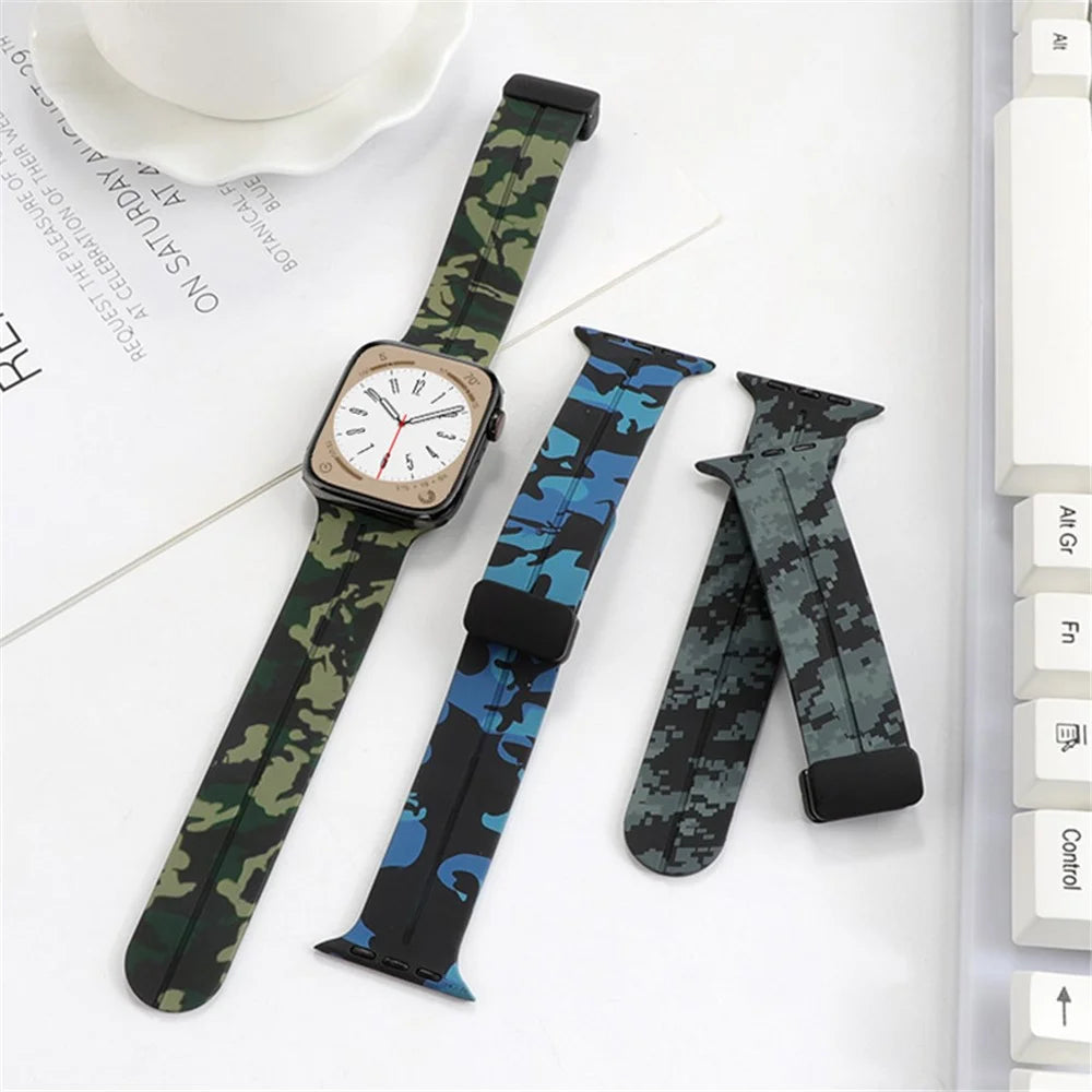 For Apple Watch Ultra 3 2 1 49mm / Series 11 10 46mm / 9 8 7 45mm / SE3 SE2 SE 6 5 4 44mm / 3 2 1 42mm Camouflage Silicone Magnetic Buckle Strap - Army Green - 6