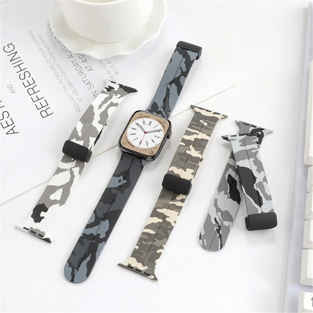 For Apple Watch Ultra 3 2 1 49mm / Series 11 10 46mm / 9 8 7 45mm / SE3 SE2 SE 6 5 4 44mm / 3 2 1 42mm Camouflage Silicone Magnetic Buckle Strap - Army Green - 7