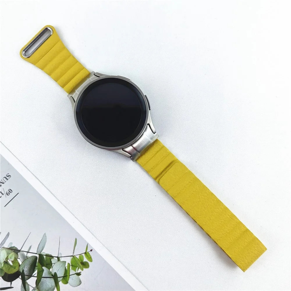 Magnetic Watch Band for Samsung Galaxy Watch6 40mm 44mm / Watch6 Classic 43mm 47mm / Watch 5 40mm 44mm / Watch4 40mm 44mm Genuine Leather Strap with Connector - Yellow - 3