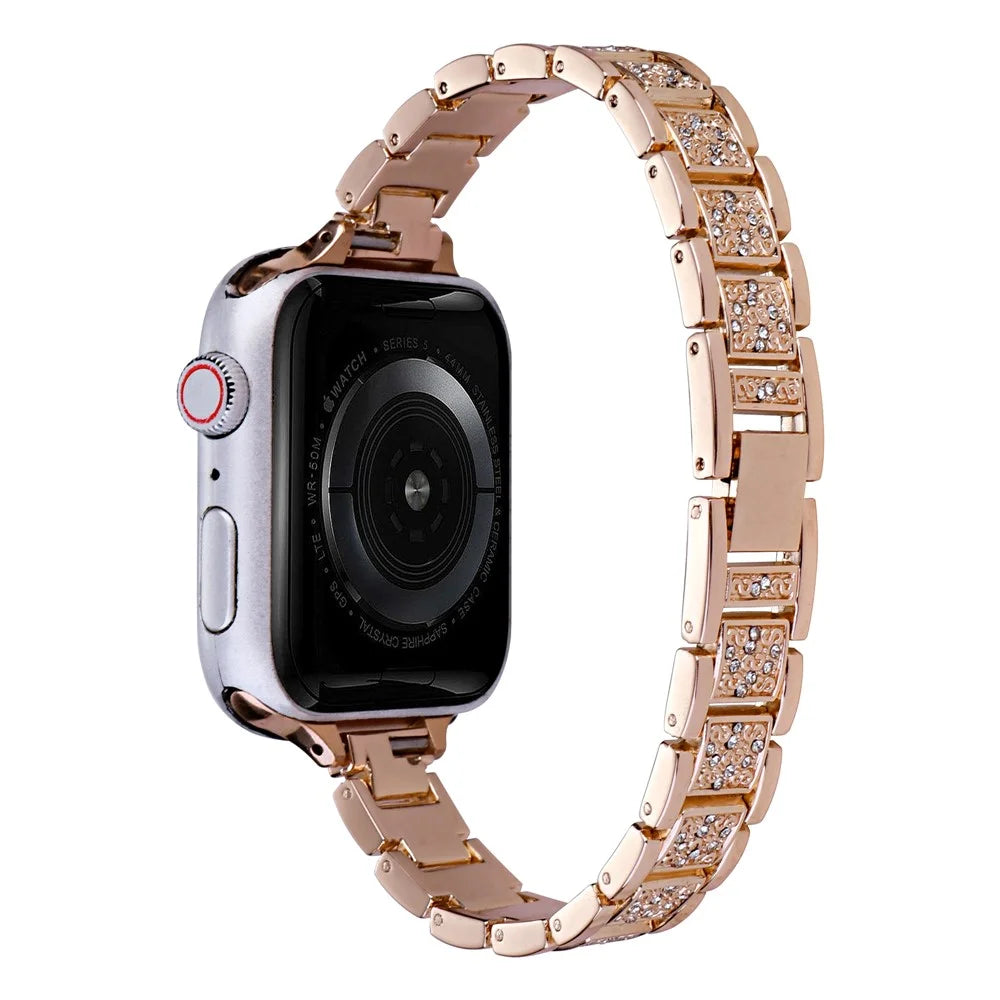 For Apple Watch Ultra 3 2 1 49mm / Series 11 10 46mm / 9 8 7 45mm / SE3 SE2 SE 6 5 4 44mm / 3 2 1 42mm Rhinestone Metal Watch Strap - Rose Gold - 1