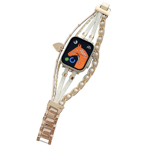 For Apple Watch Ultra 3 2 1 49mm / Series 11 10 46mm / 9 8 7 45mm / SE3 SE2 SE 6 5 4 44mm / 3 2 1 42mm Metal Leather Strap Heart Pendant Bracelet Watch Band - Gold - 1