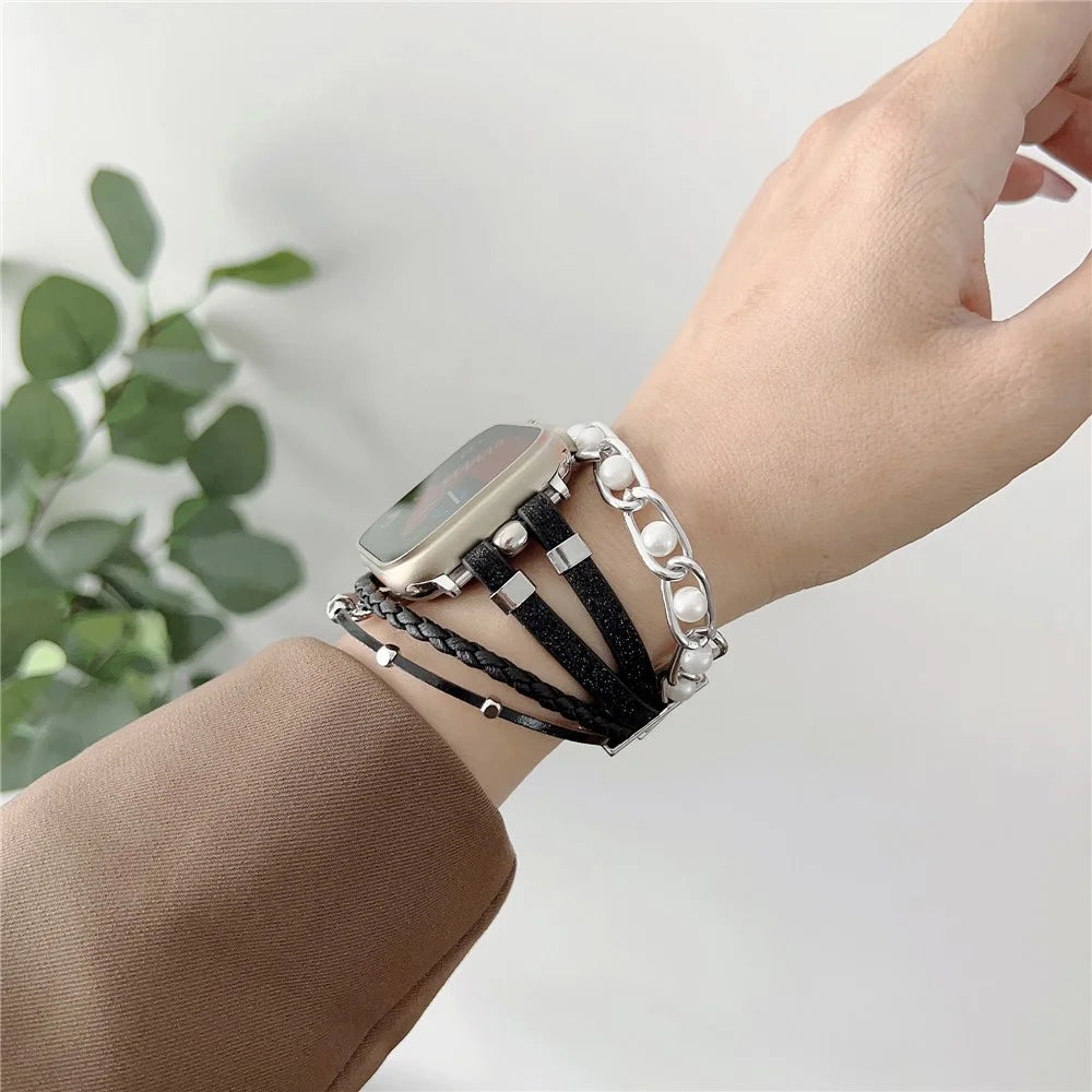 For Apple Watch Ultra 3 2 1 49mm / Series 11 10 46mm / 9 8 7 45mm / SE3 SE2 SE 6 5 4 44mm / 3 2 1 42mm Metal Leather Strap Heart Pendant Bracelet Watch Band - Gold - 4