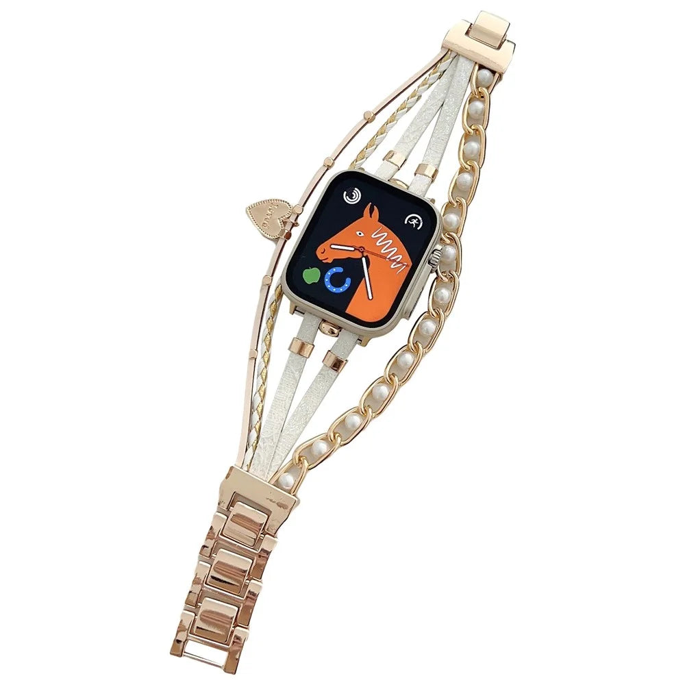 Watch Strap for Apple Watch Series 11 10 42mm / 9 8 7 41mm / SE3 SE2 SE 6 5 4 40mm / 3 2 1 38mm Metal Leather Band Heart Pendant Bracelet - Gold - 1