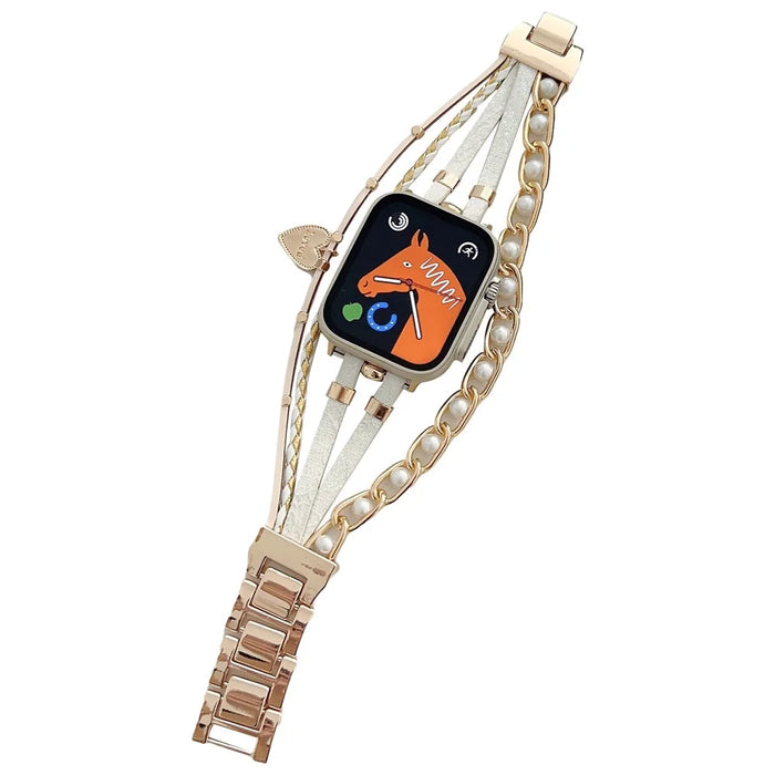 Watch Strap for Apple Watch Series 11 10 42mm / 9 8 7 41mm / SE3 SE2 SE 6 5 4 40mm / 3 2 1 38mm Metal Leather Band Heart Pendant Bracelet - Gold - 1