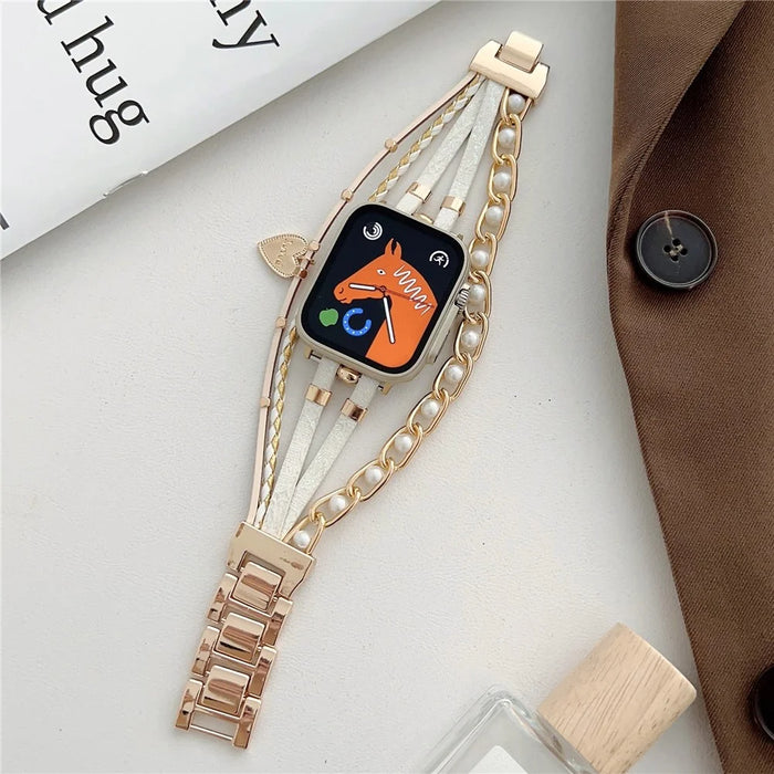 Watch Strap for Apple Watch Series 11 10 42mm / 9 8 7 41mm / SE3 SE2 SE 6 5 4 40mm / 3 2 1 38mm Metal Leather Band Heart Pendant Bracelet - Gold - 2