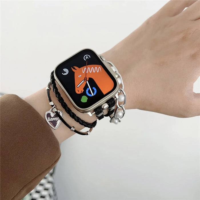 Watch Strap for Apple Watch Series 11 10 42mm / 9 8 7 41mm / SE3 SE2 SE 6 5 4 40mm / 3 2 1 38mm Metal Leather Band Heart Pendant Bracelet - Gold - 3
