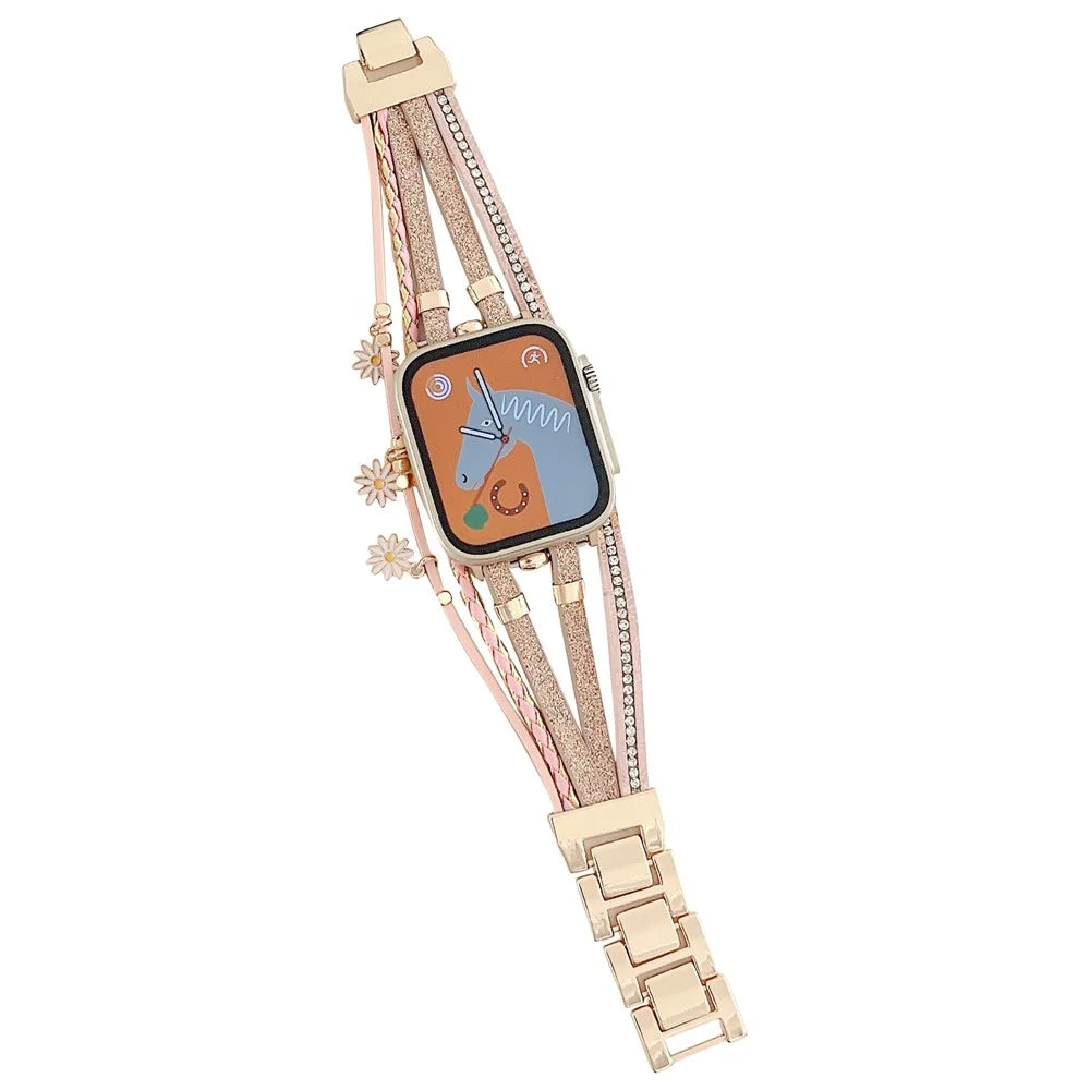 For Apple Watch Ultra 3 2 1 49mm / Series 11 10 46mm / 9 8 7 45mm / SE3 SE2 SE 6 5 4 44mm / 3 2 1 42mm Metal Leather Strap Flower Pendant Bracelet Watch Band - Pink - 1