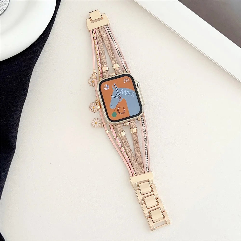 For Apple Watch Ultra 3 2 1 49mm / Series 11 10 46mm / 9 8 7 45mm / SE3 SE2 SE 6 5 4 44mm / 3 2 1 42mm Metal Leather Strap Flower Pendant Bracelet Watch Band - Pink - 2