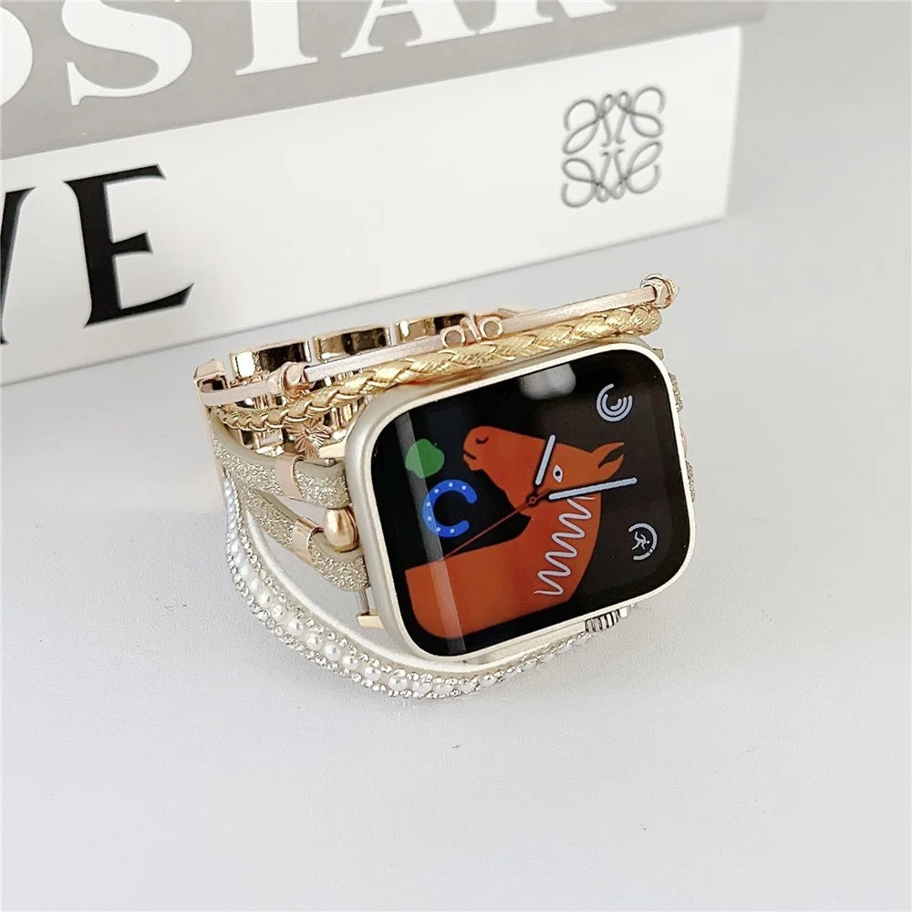 For Apple Watch Ultra 3 2 1 49mm / Series 11 10 46mm / 9 8 7 45mm / SE3 SE2 SE 6 5 4 44mm / 3 2 1 42mm Metal Leather Strap Flower Pendant Bracelet Watch Band - Pink - 4