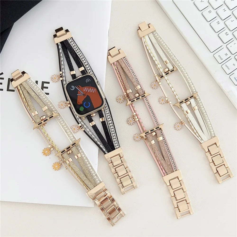 For Apple Watch Ultra 3 2 1 49mm / Series 11 10 46mm / 9 8 7 45mm / SE3 SE2 SE 6 5 4 44mm / 3 2 1 42mm Metal Leather Strap Flower Pendant Bracelet Watch Band - Pink - 5